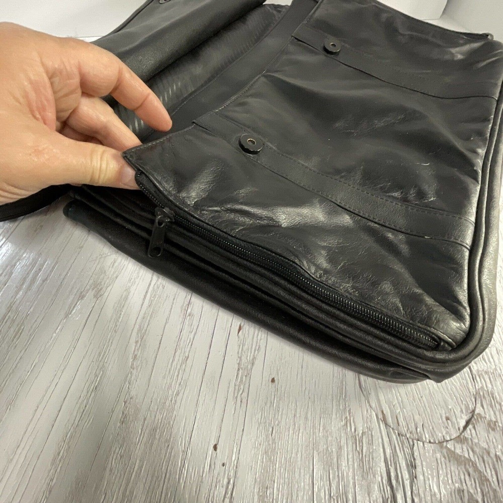 Black Leather Messenger Bag Magnetic Snap Button Close Shoulder Strap - Picture 13 of 16